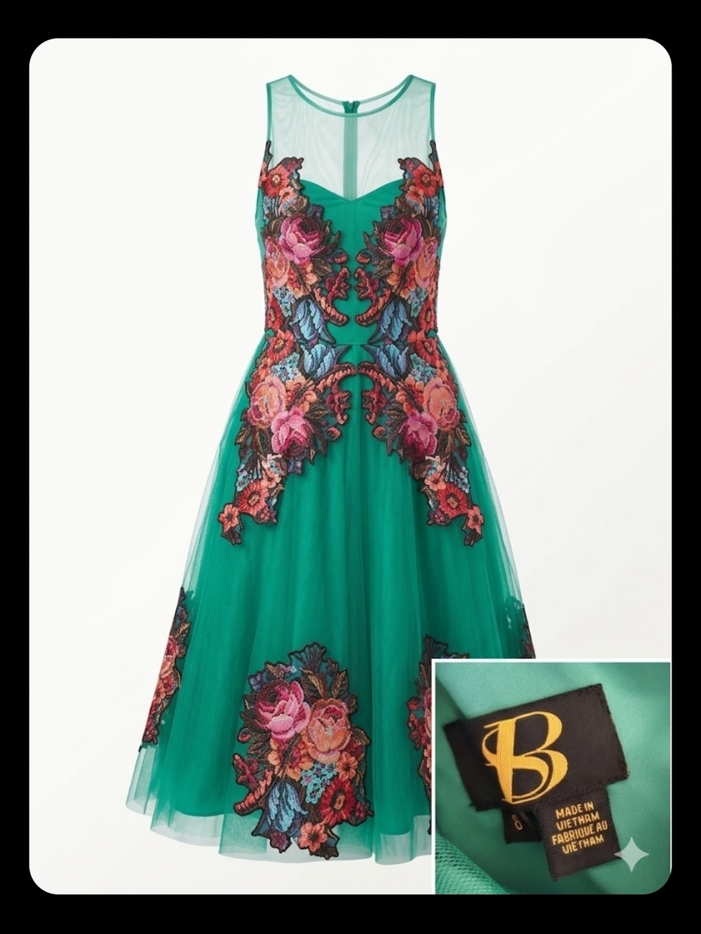 Elegant Green Floral Appliqué Tulle Dress